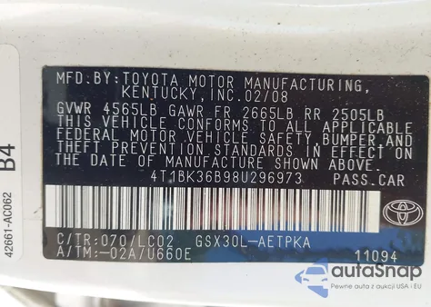 2008 Toyota Avalon Limited z USA, uszkodzony, nr VIN 4T1BK36B98U296973